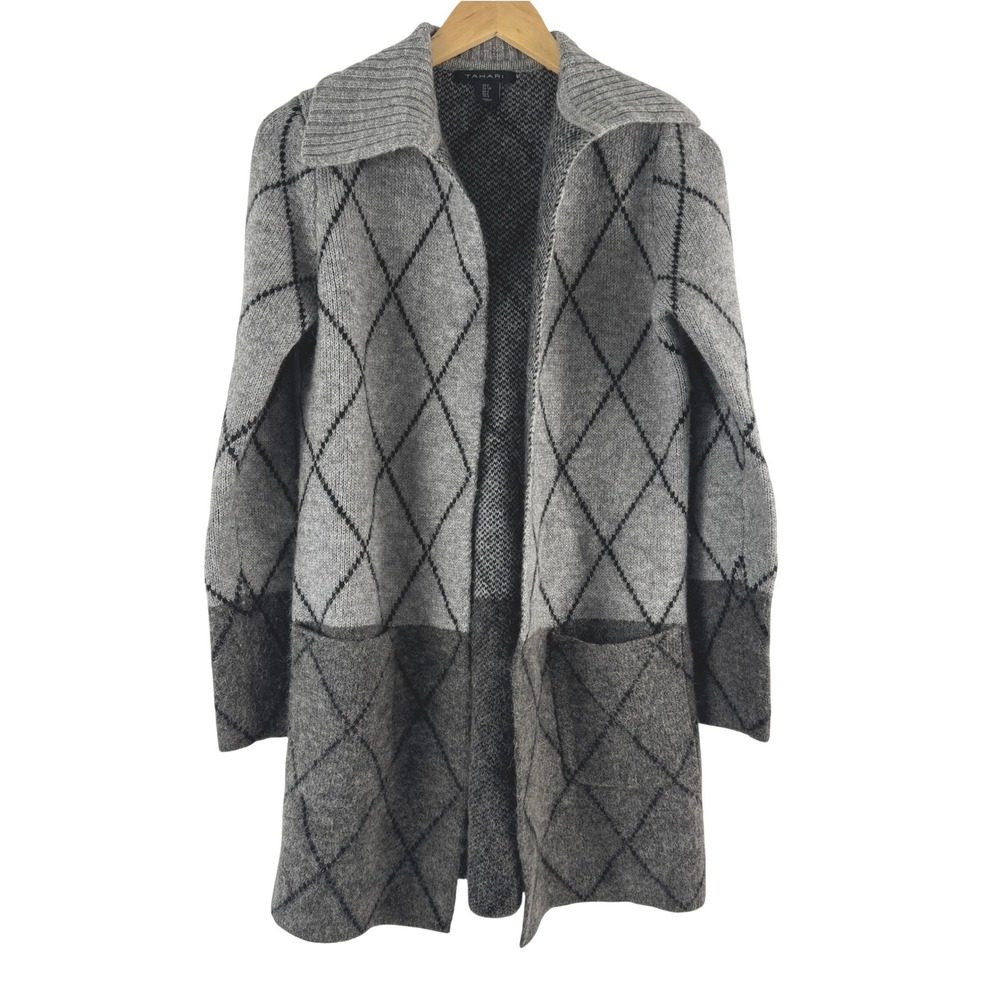 Tahari Gray Wool Blend Argyle Open Front Cardigan Sweater S RN 75343 Preppy